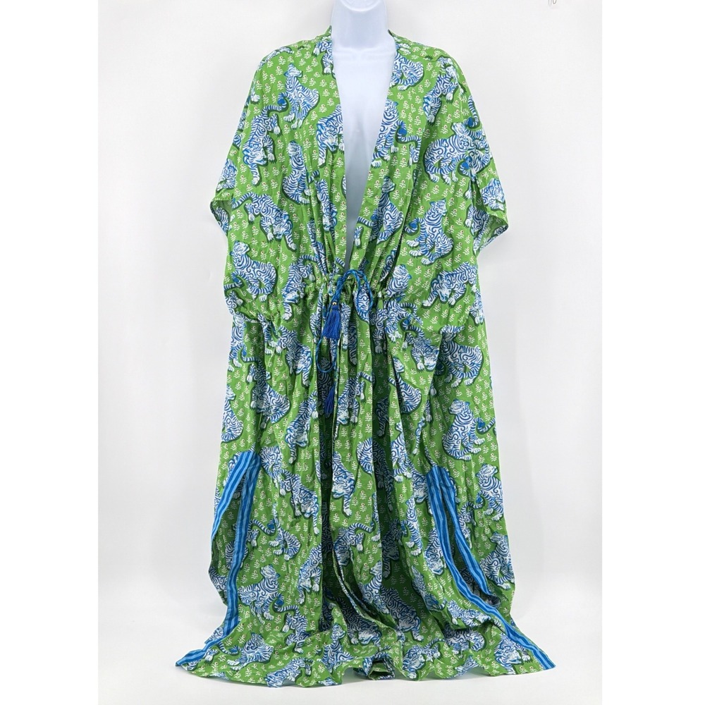 Printfresh Lime Ricki NWT 3/4X Tiger Queen Green Organic Cotton Maxi Caftan Robe